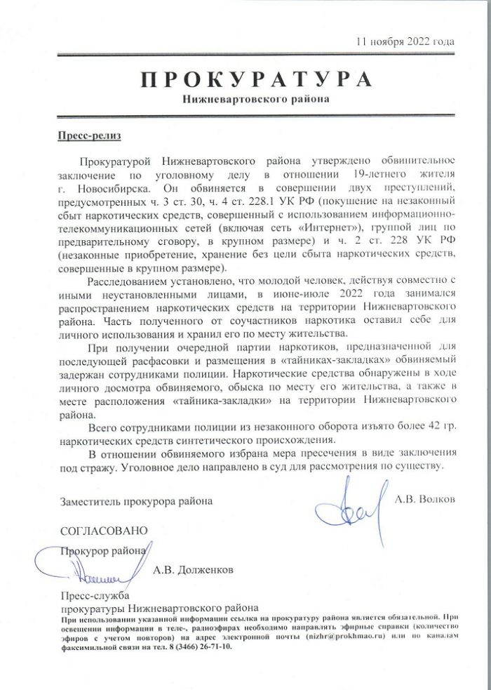 Пресс-релиз об утверждении обвинительного заключения по уголовному делу в отношении 19-летнего жителя г. Новосибирска
